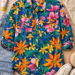 Tommy Hilfiger Tropical Floral Button Up Shirt Size 14